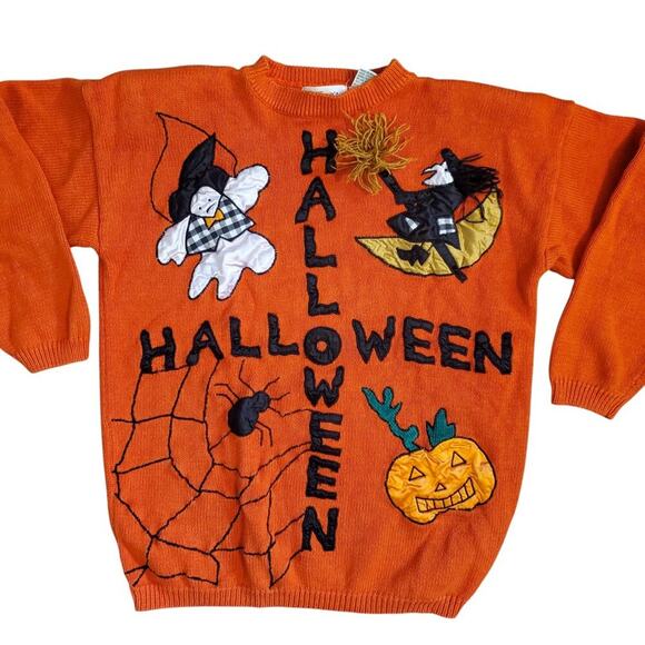 Vintage Sweaters - Vintage 80s Orange Halloween Maximalist Beaded Embroidered Sweater Ghost Witch